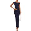 imagePRETTYGARDEN Womens Two Piece Skirt Set 2025 Summer Outfits One Shoulder Sleeveless Ruched Slit Bodycon Maxi SkirtsNavy