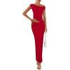 imagePRETTYGARDEN Womens Two Piece Skirt Set 2025 Summer Outfits One Shoulder Sleeveless Ruched Slit Bodycon Maxi SkirtsRed