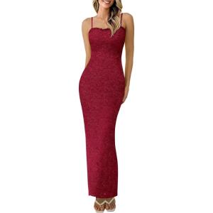 imagePRETTYGARDEN Womens Formal Cocktail Dresses Elegant Spaghetti Strap Lace Floral Bodycon Wedding Guest DressRed