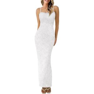 imagePRETTYGARDEN Womens Formal Cocktail Dresses Elegant Spaghetti Strap Lace Floral Bodycon Wedding Guest DressWhite