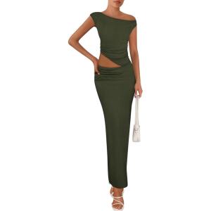 imagePRETTYGARDEN Womens Two Piece Skirt Set 2025 Summer Outfits One Shoulder Sleeveless Ruched Slit Bodycon Maxi SkirtsArmy Green
