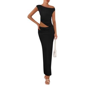 imagePRETTYGARDEN Womens Two Piece Skirt Set 2025 Summer Outfits One Shoulder Sleeveless Ruched Slit Bodycon Maxi SkirtsBlack