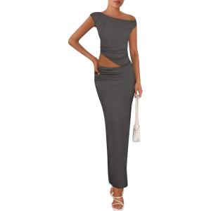 imagePRETTYGARDEN Womens Two Piece Skirt Set 2025 Summer Outfits One Shoulder Sleeveless Ruched Slit Bodycon Maxi SkirtsGrey