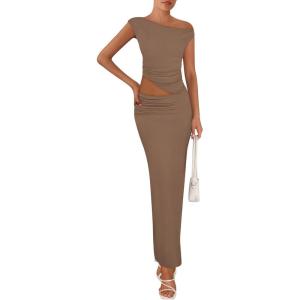 imagePRETTYGARDEN Womens Two Piece Skirt Set 2025 Summer Outfits One Shoulder Sleeveless Ruched Slit Bodycon Maxi SkirtsKhaki