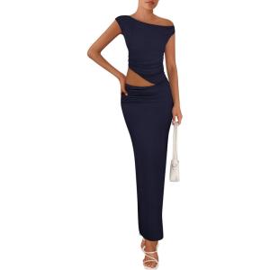 imagePRETTYGARDEN Womens Two Piece Skirt Set 2025 Summer Outfits One Shoulder Sleeveless Ruched Slit Bodycon Maxi SkirtsNavy