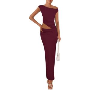 imagePRETTYGARDEN Womens Two Piece Skirt Set 2025 Summer Outfits One Shoulder Sleeveless Ruched Slit Bodycon Maxi SkirtsWine Red
