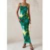 imagePRETTYGARDEN Wedding Guest Dresses for Women 2025 Summer Trendy Floral Spaghetti Strap Ruched Mesh Bodycon Long Maxi DressFloral Green