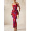 imagePRETTYGARDEN Wedding Guest Dresses for Women 2025 Summer Trendy Floral Spaghetti Strap Ruched Mesh Bodycon Long Maxi DressFloral Navy Red