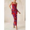 imagePRETTYGARDEN Wedding Guest Dresses for Women 2025 Summer Trendy Floral Spaghetti Strap Ruched Mesh Bodycon Long Maxi DressFloral Navy Red