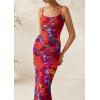 imagePRETTYGARDEN Wedding Guest Dresses for Women 2025 Summer Trendy Floral Spaghetti Strap Ruched Mesh Bodycon Long Maxi DressFloral Navy Red