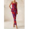 imagePRETTYGARDEN Wedding Guest Dresses for Women 2025 Summer Trendy Floral Spaghetti Strap Ruched Mesh Bodycon Long Maxi DressFloral Navy Red