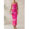 imagePRETTYGARDEN Wedding Guest Dresses for Women 2025 Summer Trendy Floral Spaghetti Strap Ruched Mesh Bodycon Long Maxi DressFloral Rose Red