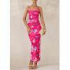 imagePRETTYGARDEN Wedding Guest Dresses for Women 2025 Summer Trendy Floral Spaghetti Strap Ruched Mesh Bodycon Long Maxi DressFloral Rose Red