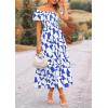 imagePRETTYGARDEN Womens 2025 Summer Boho Midi Dress Off Shoulder Puff Sleeve Print Smocked Ruffle Beach Long Flowy DressesBlue