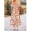 imagePRETTYGARDEN Womens 2025 Summer Boho Midi Dress Off Shoulder Puff Sleeve Print Smocked Ruffle Beach Long Flowy DressesBrown