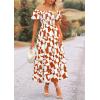 imagePRETTYGARDEN Womens 2025 Summer Boho Midi Dress Off Shoulder Puff Sleeve Print Smocked Ruffle Beach Long Flowy DressesBrown