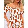 imagePRETTYGARDEN Womens 2025 Summer Boho Midi Dress Off Shoulder Puff Sleeve Print Smocked Ruffle Beach Long Flowy DressesBrown