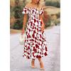 imagePRETTYGARDEN Womens 2025 Summer Boho Midi Dress Off Shoulder Puff Sleeve Print Smocked Ruffle Beach Long Flowy DressesWine Red