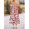 imagePRETTYGARDEN Womens 2025 Summer Boho Midi Dress Off Shoulder Puff Sleeve Print Smocked Ruffle Beach Long Flowy DressesWine Red