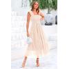 imagePRETTYGARDEN Womens Summer Midi Tulle Dress Sleeveless Smocked Square Neck Ruffle Flowy Party Wedding Guest SundressBeige