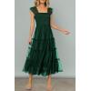 imagePRETTYGARDEN Womens Summer Midi Tulle Dress Sleeveless Smocked Square Neck Ruffle Flowy Party Wedding Guest SundressDark Green
