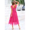 imagePRETTYGARDEN Womens Summer Midi Tulle Dress Sleeveless Smocked Square Neck Ruffle Flowy Party Wedding Guest SundressRose Red