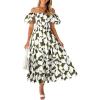 imagePRETTYGARDEN Womens 2025 Summer Boho Midi Dress Off Shoulder Puff Sleeve Print Smocked Ruffle Beach Long Flowy DressesArmy Green