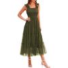 imagePRETTYGARDEN Womens Summer Midi Tulle Dress Sleeveless Smocked Square Neck Ruffle Flowy Party Wedding Guest SundressArmy Green
