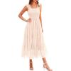 imagePRETTYGARDEN Womens Summer Midi Tulle Dress Sleeveless Smocked Square Neck Ruffle Flowy Party Wedding Guest SundressBeige