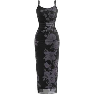 imagePRETTYGARDEN Wedding Guest Dresses for Women 2025 Summer Trendy Floral Spaghetti Strap Ruched Mesh Bodycon Long Maxi DressFloral Black