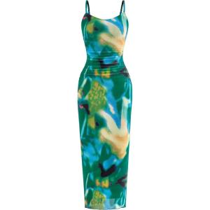 imagePRETTYGARDEN Wedding Guest Dresses for Women 2025 Summer Trendy Floral Spaghetti Strap Ruched Mesh Bodycon Long Maxi DressFloral Green