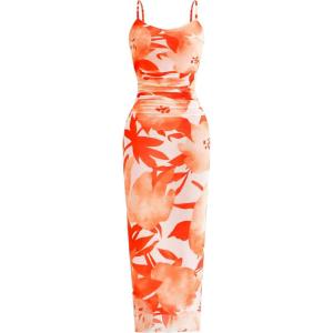 imagePRETTYGARDEN Wedding Guest Dresses for Women 2025 Summer Trendy Floral Spaghetti Strap Ruched Mesh Bodycon Long Maxi DressFloral Light Orange