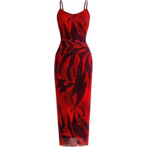 imagePRETTYGARDEN Wedding Guest Dresses for Women 2025 Summer Trendy Floral Spaghetti Strap Ruched Mesh Bodycon Long Maxi DressFloral Red
