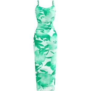 imagePRETTYGARDEN Wedding Guest Dresses for Women 2025 Summer Trendy Floral Spaghetti Strap Ruched Mesh Bodycon Long Maxi DressFloral White Light Green