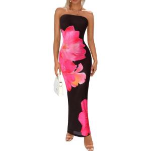 imagePRETTYGARDEN Women Summer Strapless Maxi Dress Bodycon Floral Sexy Long Wedding Guest Dress Formal Tube Mesh Cocktail DressesBlack Pink Flower