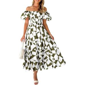 imagePRETTYGARDEN Womens 2025 Summer Boho Midi Dress Off Shoulder Puff Sleeve Print Smocked Ruffle Beach Long Flowy DressesArmy Green