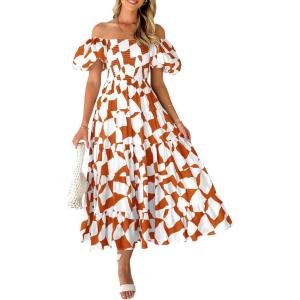 imagePRETTYGARDEN Womens 2025 Summer Boho Midi Dress Off Shoulder Puff Sleeve Print Smocked Ruffle Beach Long Flowy DressesBrown