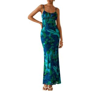 imagePRETTYGARDEN Womens Floral Maxi Dress 2025 Summer Elegant Spaghetti Strap Mesh Bodycon Wedding Guest Long DressesGreen Floral