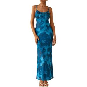 imagePRETTYGARDEN Womens Floral Maxi Dress 2025 Summer Elegant Spaghetti Strap Mesh Bodycon Wedding Guest Long DressesLake Blue Floral