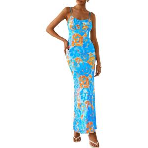 imagePRETTYGARDEN Womens Floral Maxi Dress 2025 Summer Elegant Spaghetti Strap Mesh Bodycon Wedding Guest Long DressesLight Blue Floral