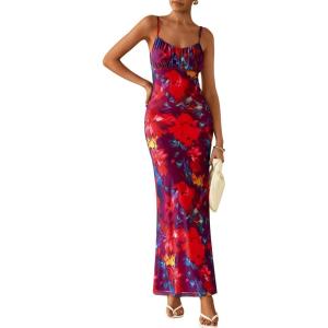 imagePRETTYGARDEN Womens Floral Maxi Dress 2025 Summer Elegant Spaghetti Strap Mesh Bodycon Wedding Guest Long DressesNavy Red Floral