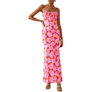 imagePRETTYGARDEN Womens Floral Maxi Dress 2025 Summer Elegant Spaghetti Strap Mesh Bodycon Wedding Guest Long DressesPink Daisy