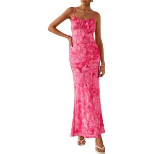 imagePRETTYGARDEN Womens Floral Maxi Dress 2025 Summer Elegant Spaghetti Strap Mesh Bodycon Wedding Guest Long DressesPink Floral