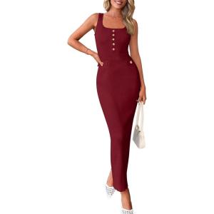 imagePRETTYGARDEN Womens Maxi Bodycon Dress 2025 Summer Sleeveless Buttons Elegant Cocktail Party Sweater Long DressesWine Red