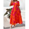 imagePRETTYGARDEN Womens Dresses 2025 Puff Sleeve Floral Casual Summer Dresses Smocked Backless Beach Flowy Tiered Maxi DressForange Rose Red