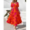 imagePRETTYGARDEN Womens Dresses 2025 Puff Sleeve Floral Casual Summer Dresses Smocked Backless Beach Flowy Tiered Maxi DressForange Rose Red