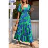 imagePRETTYGARDEN Womens Dresses 2025 Puff Sleeve Floral Casual Summer Dresses Smocked Backless Beach Flowy Tiered Maxi DressGreen Blue Flower