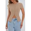 imagePRETTYGARDEN Womens Short Sleeve Summer Tops 2025 Trendy Ribbed Knit Button Up Tight Basic Tees Shirts Going Out Y2K ClothesKhaki