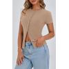 imagePRETTYGARDEN Womens Short Sleeve Summer Tops 2025 Trendy Ribbed Knit Button Up Tight Basic Tees Shirts Going Out Y2K ClothesKhaki