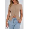 imagePRETTYGARDEN Womens Short Sleeve Summer Tops 2025 Trendy Ribbed Knit Button Up Tight Basic Tees Shirts Going Out Y2K ClothesKhaki